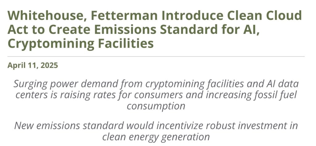 民主党提出《清洁云法案》要求美国比特币矿企与 AI 算力中心拥抱绿能：2035 实现零碳排